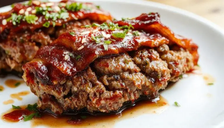 A golden-brown bacon-wrapped meatloaf sliced open to reveal a juicy, tender interior. The bacon lattice on top crisps beautifully around the edges, garnished with fresh herbs. The dish is plated on a rustic wooden surface with a side of green vegetables, showcasing a homey yet elegant presentation.