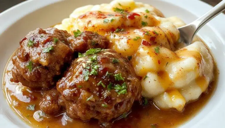 A close-up of savory Salisbury meatballs arranged atop a bed of creamy mashed potatoes, garnished with fresh herbs, with rich gravy drizzled over the meatballs, highlighting their browned exterior and tender texture, complemented by smooth, fluffy mashed potatoes.