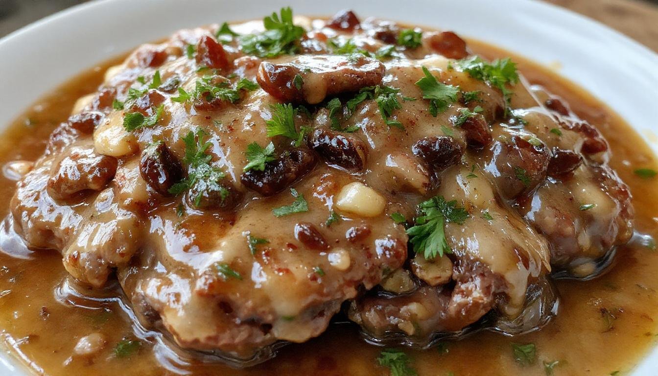 A close-up of a plated Salisbury Steak featuring two browned beef patties topped with a glossy, dark brown rich gravy. The steaks are garnished with a sprig of fresh parsley and served alongside a portion of buttery mashed potatoes and steamed green beans. The presentation is on a white ceramic plate, with the gravy perfectly pooling around the patties, highlighting their tender textures and savory appearance.