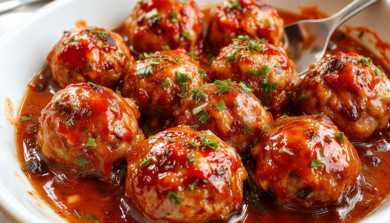 A close-up of golden-brown baked meatballs arranged neatly on a white ceramic plate garnished with chopped fresh herbs. The meatballs have a slightly crispy exterior with visible herbs and seasoning, arranged in a circular pattern with a small bowl of marinara sauce beside them.