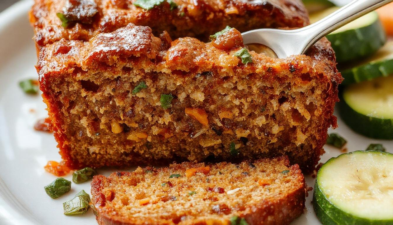 A golden-brown loaf of zucchini carrot bread sliced to reveal a moist interior flecked with grated zucchini and carrots, served on a rustic wooden cutting board with a sprig of fresh herbs on top.