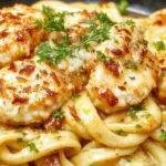 A close-up of a white plate featuring creamy garlic Parmesan chicken pasta topped with freshly chopped parsley. The pasta is coated in a rich, cheesy sauce with golden-brown pieces of grilled chicken and hints of minced garlic. The dish is elegantly plated with a sprinkle of parmesan cheese around the edges and a side of crusty bread visible in the background.