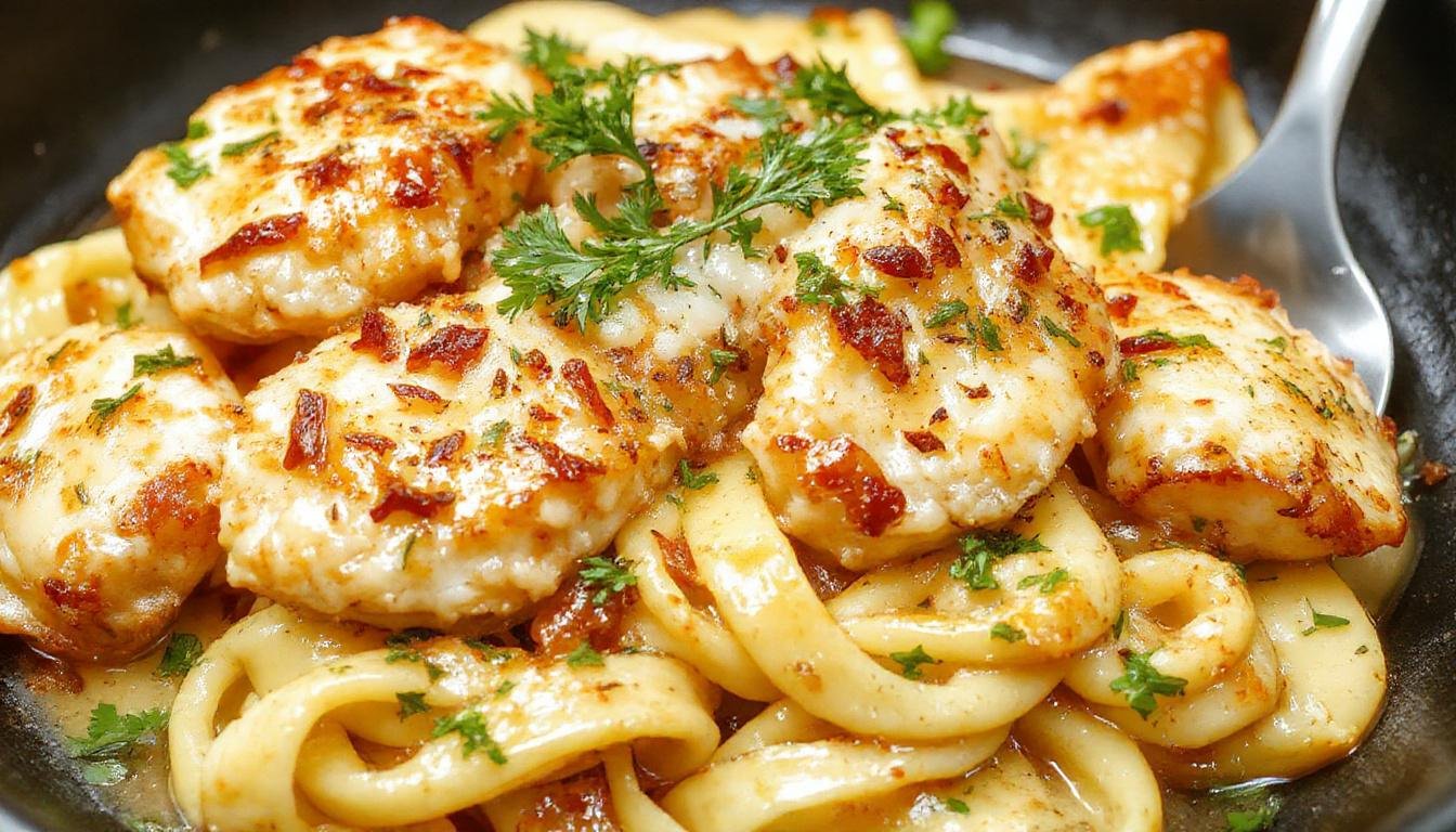 A close-up of a white plate featuring creamy garlic Parmesan chicken pasta topped with freshly chopped parsley. The pasta is coated in a rich, cheesy sauce with golden-brown pieces of grilled chicken and hints of minced garlic. The dish is elegantly plated with a sprinkle of parmesan cheese around the edges and a side of crusty bread visible in the background.