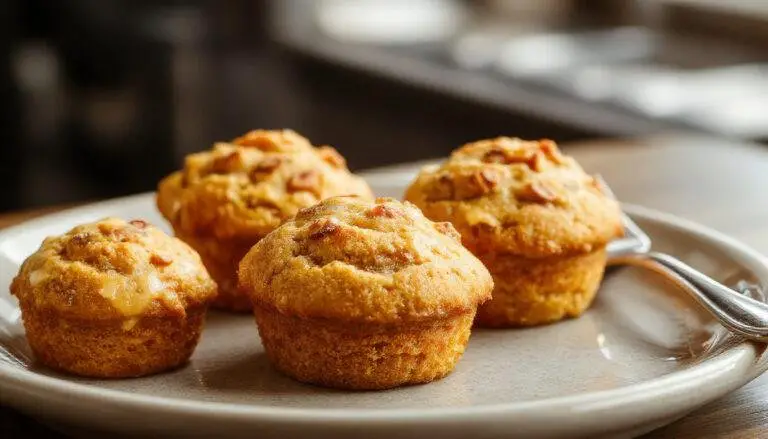 A close-up of golden-brown pumpkin muffins arranged on a rustic wooden platter, topped with a sprinkle of cinnamon. The muffins have a moist, fluffy texture with visible specks of pumpkin, and are presented in paper liners against a soft-focus background with autumn leaves and a hint of cinnamon sticks.