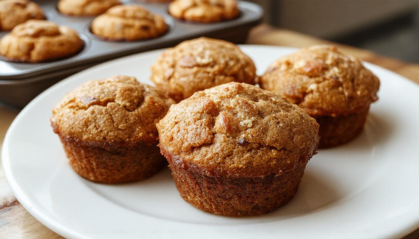 A close-up of golden-brown pumpkin muffins arranged on a rustic wooden plate, with some muffins topped with a light sprinkle of cinnamon and a slice of pumpkin on the side. The muffins display a moist, dense texture with a slightly cracked surface, capturing their warm, inviting appearance.