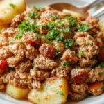 A close-up of a rustic plate featuring golden-brown ground turkey stirred with tender, diced potatoes, garnished with chopped herbs and served with a side of fresh vegetables. The dish appears savory and well-seasoned, with a glossy finish highlighting the juiciness of the ingredients.