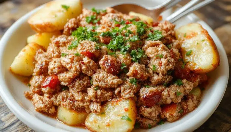 A close-up of a rustic plate featuring golden-brown ground turkey stirred with tender, diced potatoes, garnished with chopped herbs and served with a side of fresh vegetables. The dish appears savory and well-seasoned, with a glossy finish highlighting the juiciness of the ingredients.