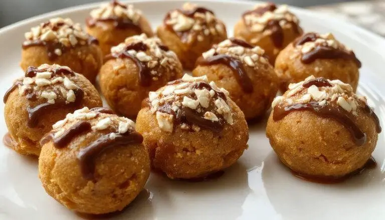 A close-up of the pumpkin pie balls arranged on a rustic wooden platter, showcasing their golden-brown exterior with hints of cinnamon and pumpkin puree filling peeking through. The balls are dusted lightly with powdered sugar and garnished with a sprig of fresh mint, highlighting their bite-sized, festive appeal.