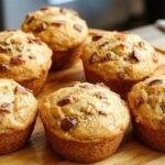 Golden brown vegan banana muffins arranged on a rustic wooden platter, with some muffins topped with banana slices and a dusting of powdered sugar, set against a light pastel background with fresh bananas and green leaves