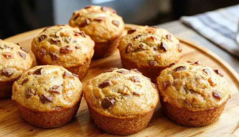 Golden brown vegan banana muffins arranged on a rustic wooden platter, with some muffins topped with banana slices and a dusting of powdered sugar, set against a light pastel background with fresh bananas and green leaves