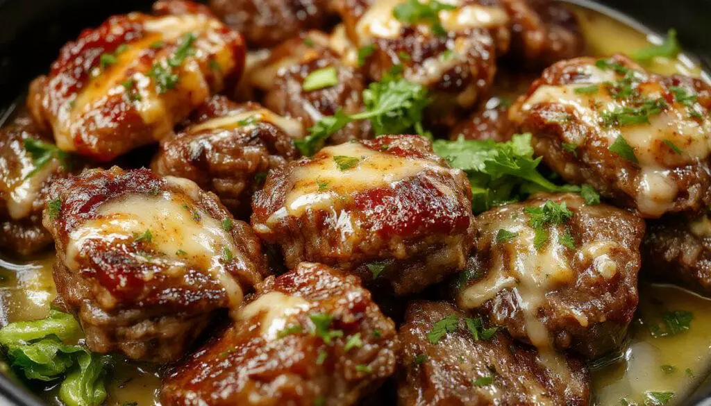 Golden-brown beef bites coated in glossy garlic butter sauce, arranged on a white plate with fresh herbs and roasted garlic cloves, steam rising subtly