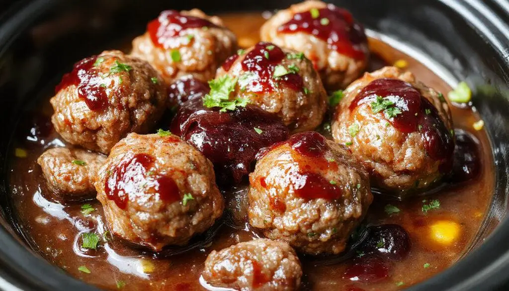 A close-up of a clear glass serving bowl filled with glossy, round meatballs coated in a shiny grape jelly glaze, topped with a sprinkle of chopped parsley. The bowl is placed on a rustic wooden table with a few meatballs spilled around, showcasing the vibrant contrast of the deep red glaze and the tender meatball texture.