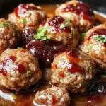 A close-up of a clear glass serving bowl filled with glossy, round meatballs coated in a shiny grape jelly glaze, topped with a sprinkle of chopped parsley. The bowl is placed on a rustic wooden table with a few meatballs spilled around, showcasing the vibrant contrast of the deep red glaze and the tender meatball texture.