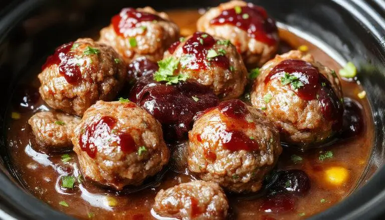 A close-up of a clear glass serving bowl filled with glossy, round meatballs coated in a shiny grape jelly glaze, topped with a sprinkle of chopped parsley. The bowl is placed on a rustic wooden table with a few meatballs spilled around, showcasing the vibrant contrast of the deep red glaze and the tender meatball texture.