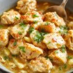 A hearty serving of Slow-Cooker Peanut Chicken featuring tender chunks of chicken coated in a rich, creamy peanut sauce. The dish is presented in a rustic bowl garnished with chopped peanuts and fresh cilantro, with a side of steamed rice and colorful vegetables on a wooden table. The sauce has a glossy, golden-brown hue, highlighting the savory, Asian-inspired flavors.