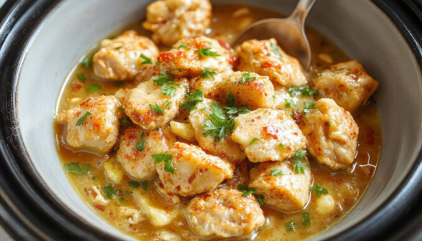 A hearty serving of Slow-Cooker Peanut Chicken featuring tender chunks of chicken coated in a rich, creamy peanut sauce. The dish is presented in a rustic bowl garnished with chopped peanuts and fresh cilantro, with a side of steamed rice and colorful vegetables on a wooden table. The sauce has a glossy, golden-brown hue, highlighting the savory, Asian-inspired flavors.