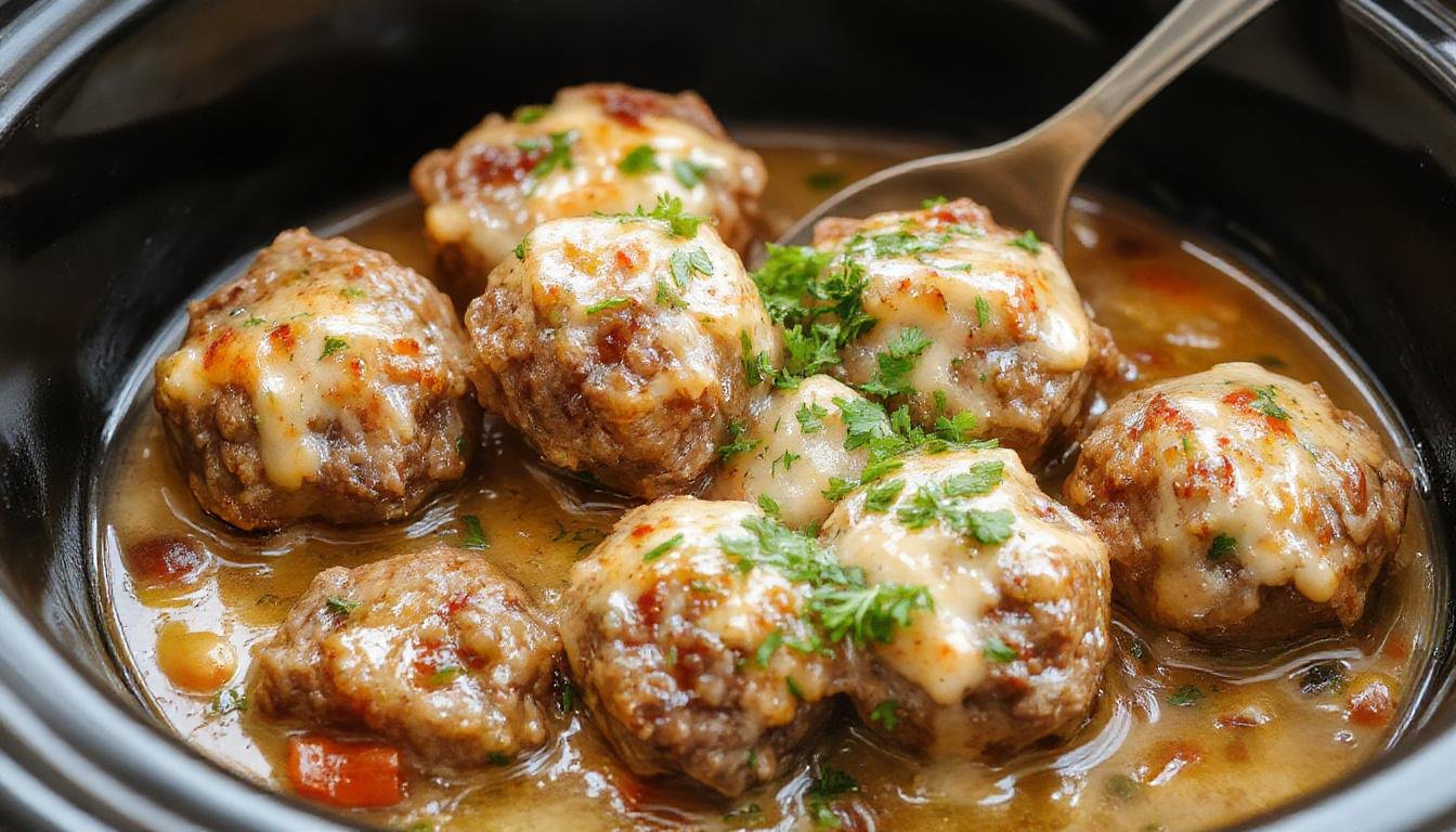 A close-up of tender, golden-brown Salisbury steak meatballs arranged in a rustic bowl, topped with a rich, glossy gravy and garnished with fresh herbs. The dish is plated on a parchment-lined surface with a side of creamy mashed potatoes and steamed vegetables in the background, evoking a warm and comforting homestyle meal.