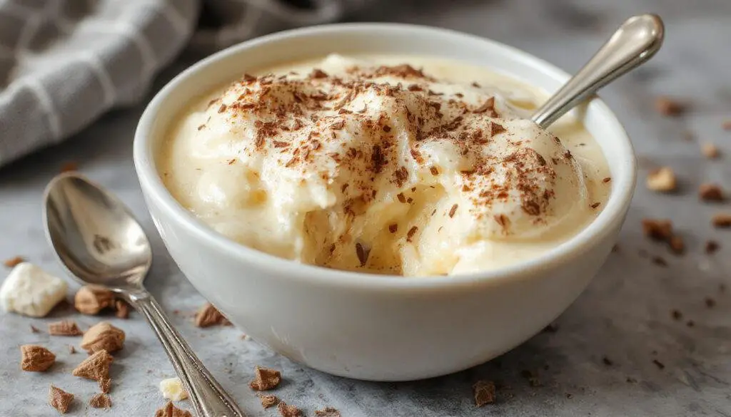 Close-up of a luxurious serving of Smooth Rum Cream topped with a cherry and whipped cream