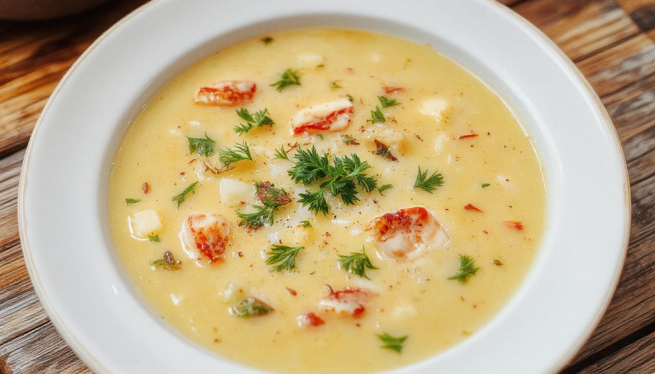 Une assiette de soupe de dernière minute, chaude et réconfortante, avec une surface lisse et légèrement fumante, garnie de quelques herbes fraîches vertes sur un fond rustique avec une cuillère à côté.