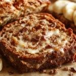 A golden-brown loaf of Sour Cream Banana Bread sits on a rustic wooden table, sliced open to reveal moist, tender crumb dotted with banana slices. The bread has a slightly cracked top with a tender crust, and a small stack of slices is placed nearby, showing its dense, fluffy texture. Fresh banana slices and a drizzle of sour cream are artistically placed around the loaf, enhancing its irresistible appeal.
