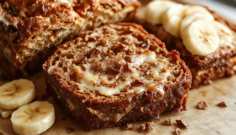 A golden-brown loaf of Sour Cream Banana Bread sits on a rustic wooden table, sliced open to reveal moist, tender crumb dotted with banana slices. The bread has a slightly cracked top with a tender crust, and a small stack of slices is placed nearby, showing its dense, fluffy texture. Fresh banana slices and a drizzle of sour cream are artistically placed around the loaf, enhancing its irresistible appeal.