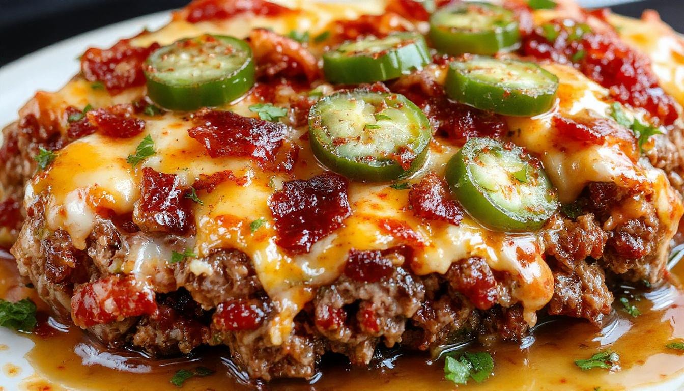 A savory meatloaf glazed with a shiny, caramelized bacon topping, sliced open to reveal melted cheese and diced jalapeños inside, garnished with fresh herbs.