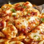 A vibrant plate of spicy cheesy garlic butter chicken linguine featuring golden-brown grilled chicken slices topped with melted cheese and aromatic garlic, served with perfectly twirled linguine coated in a glossy, flavorful sauce. The dish is garnished with fresh herbs and a sprinkle of red pepper flakes, presented on a rustic white plate against a warm background.
