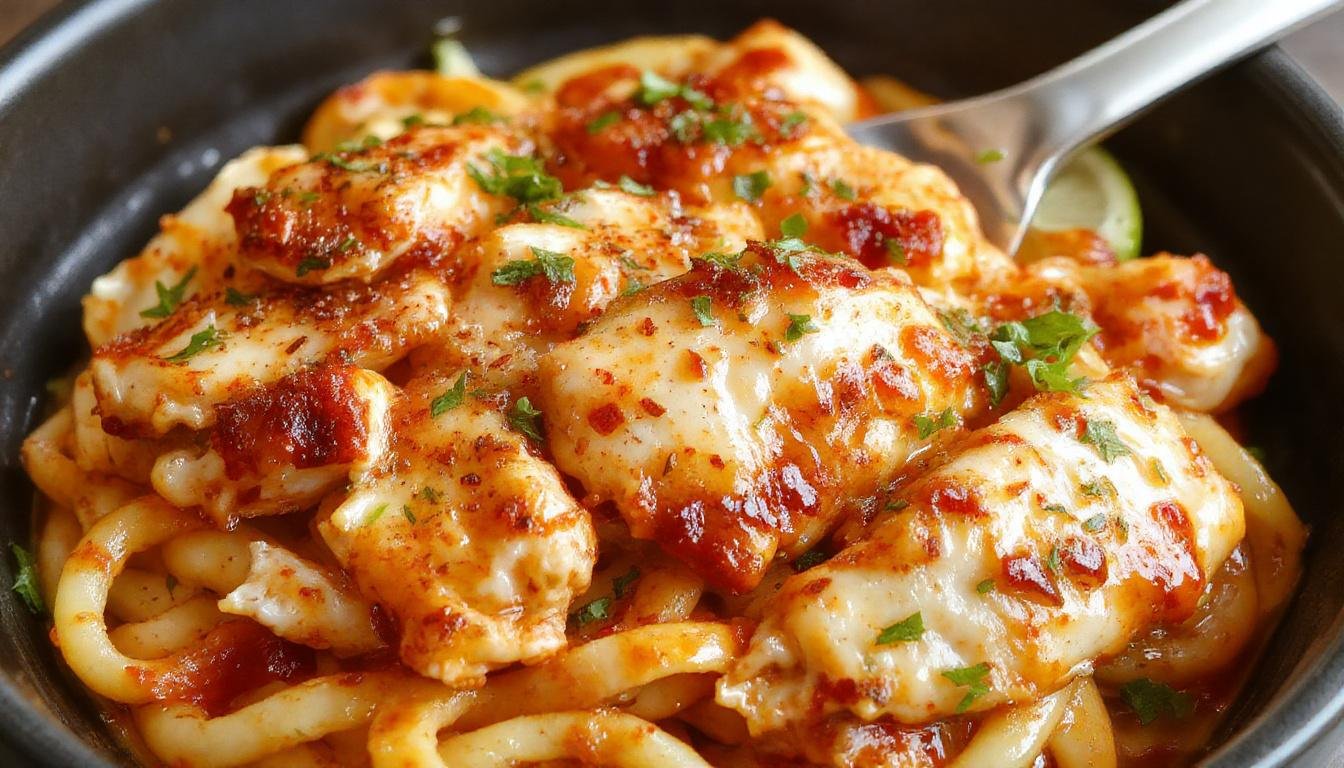A vibrant plate of spicy cheesy garlic butter chicken linguine featuring golden-brown grilled chicken slices topped with melted cheese and aromatic garlic, served with perfectly twirled linguine coated in a glossy, flavorful sauce. The dish is garnished with fresh herbs and a sprinkle of red pepper flakes, presented on a rustic white plate against a warm background.