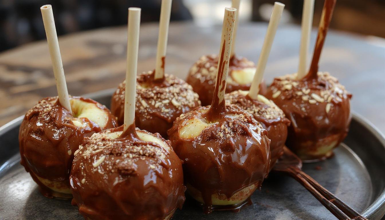 A close-up of a spooky Halloween chocolate apple decorated to resemble a creepy doll head. The glossy red apple is coated in smooth chocolate, with detailed edible features like eyes, a stitched mouth, and doll-like hair made from caramel or fondant. The apple is presented on a neutral background, highlighting its intricate facial details and shiny surface, evoking a haunting yet artistic confectionery creation.