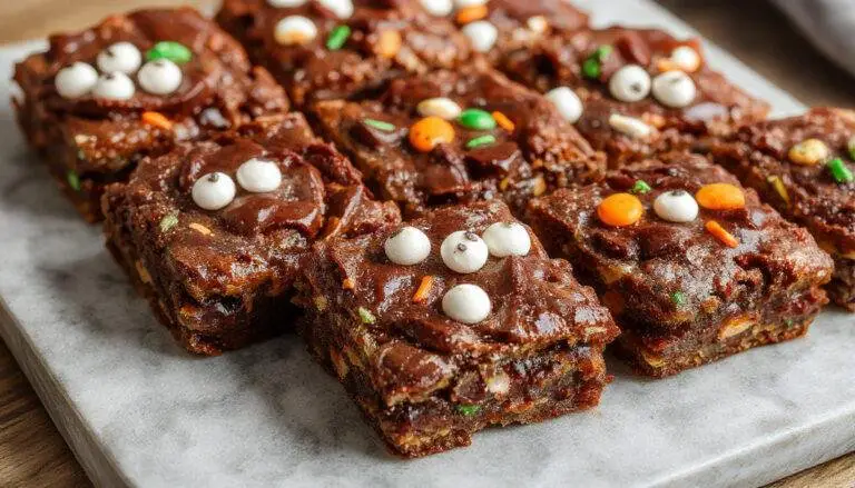 A layered treat of rich chocolate brownie base topped with gooey, orange-tinted Halloween-themed frosting, decorated with spooky sprinkles and miniature candy eyes, presented on a dark platter with a festive background.