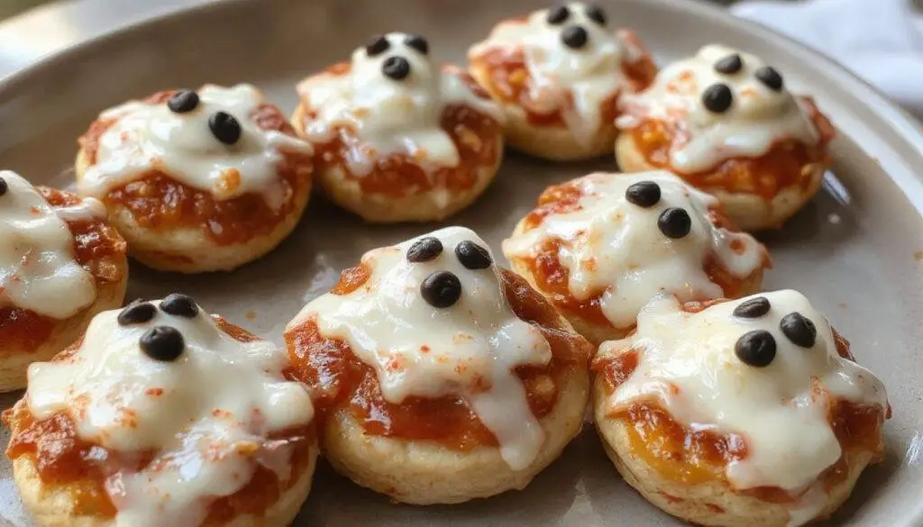 A close-up of four mini ghost-shaped pizzas on a black slate plate. The pizzas have a crispy golden crust, topped with melted gooey cheese forming ghost shapes with black olive eyes. The background features a dark table with spooky Halloween decorations, creating a festive atmosphere.