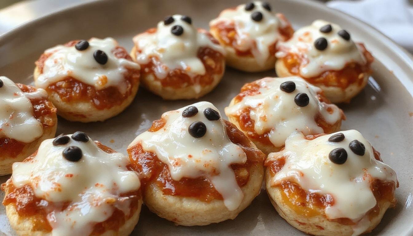 A close-up of four mini ghost-shaped pizzas on a black slate plate. The pizzas have a crispy golden crust, topped with melted gooey cheese forming ghost shapes with black olive eyes. The background features a dark table with spooky Halloween decorations, creating a festive atmosphere.