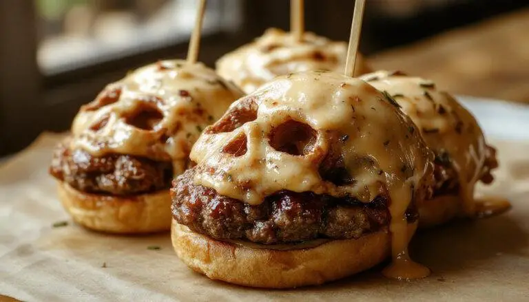 A plate featuring three creatively shaped cheeseburger skulls with melted cheese forming skull-like contours, garnished with fresh lettuce and sliced tomatoes, served on a dark wooden board with Halloween-themed decorations in the background for a festive look.