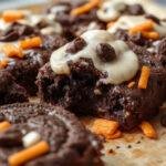 A close-up of a tray of richly baked Halloween Oreo brownies decorated with spooky-themed toppings like orange and black icing, marshmallows, and candy eyes. The brownies have a glossy, fudgy surface with visible Oreos embedded inside, and some are garnished with Halloween-themed decorations, creating a festive and spooky presentation.
