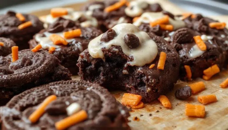 A close-up of a tray of richly baked Halloween Oreo brownies decorated with spooky-themed toppings like orange and black icing, marshmallows, and candy eyes. The brownies have a glossy, fudgy surface with visible Oreos embedded inside, and some are garnished with Halloween-themed decorations, creating a festive and spooky presentation.