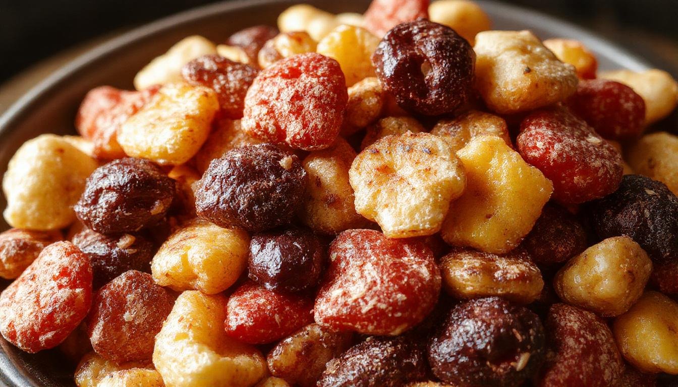A close-up shot of a spooky Halloween trail mix featuring vibrant red candies resembling vampire bites, mixed nuts, pretzels, and colorful cereal pieces arranged in a decorative bowl. The contrast of dark and bright colors emphasizes the theme, with textures varying from crunchy to chewy.