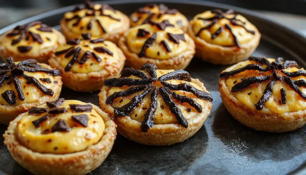 A set of four small, spooky Halloween-themed mini pies arranged on a dark black plate. Each pie features a jagged crust edge and creepy toppings like icing eyes, spider web designs, and pumpkin faces. The pies have a golden-brown crust with colorful themed decorations in orange, black, and white, creating a festive, spooky appearance against a black background with Halloween-themed props in the scene.