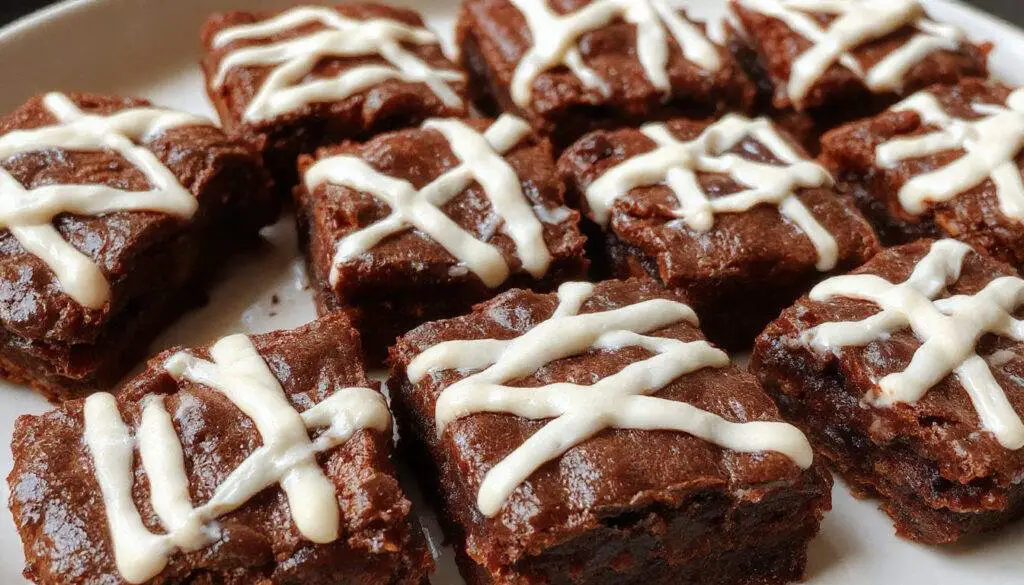 A close-up of spooky mummy brownies arranged on a festive Halloween platter. The brownies are topped with white chocolate 'bandages' and have small candy eyes peeking out, creating a playful, spooky appearance. The rich chocolate color contrasts with the white decorations, and the plate is decorated with Halloween-themed props like mini pumpkins and cobwebs.