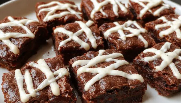 A close-up of spooky mummy brownies arranged on a festive Halloween platter. The brownies are topped with white chocolate 'bandages' and have small candy eyes peeking out, creating a playful, spooky appearance. The rich chocolate color contrasts with the white decorations, and the plate is decorated with Halloween-themed props like mini pumpkins and cobwebs.