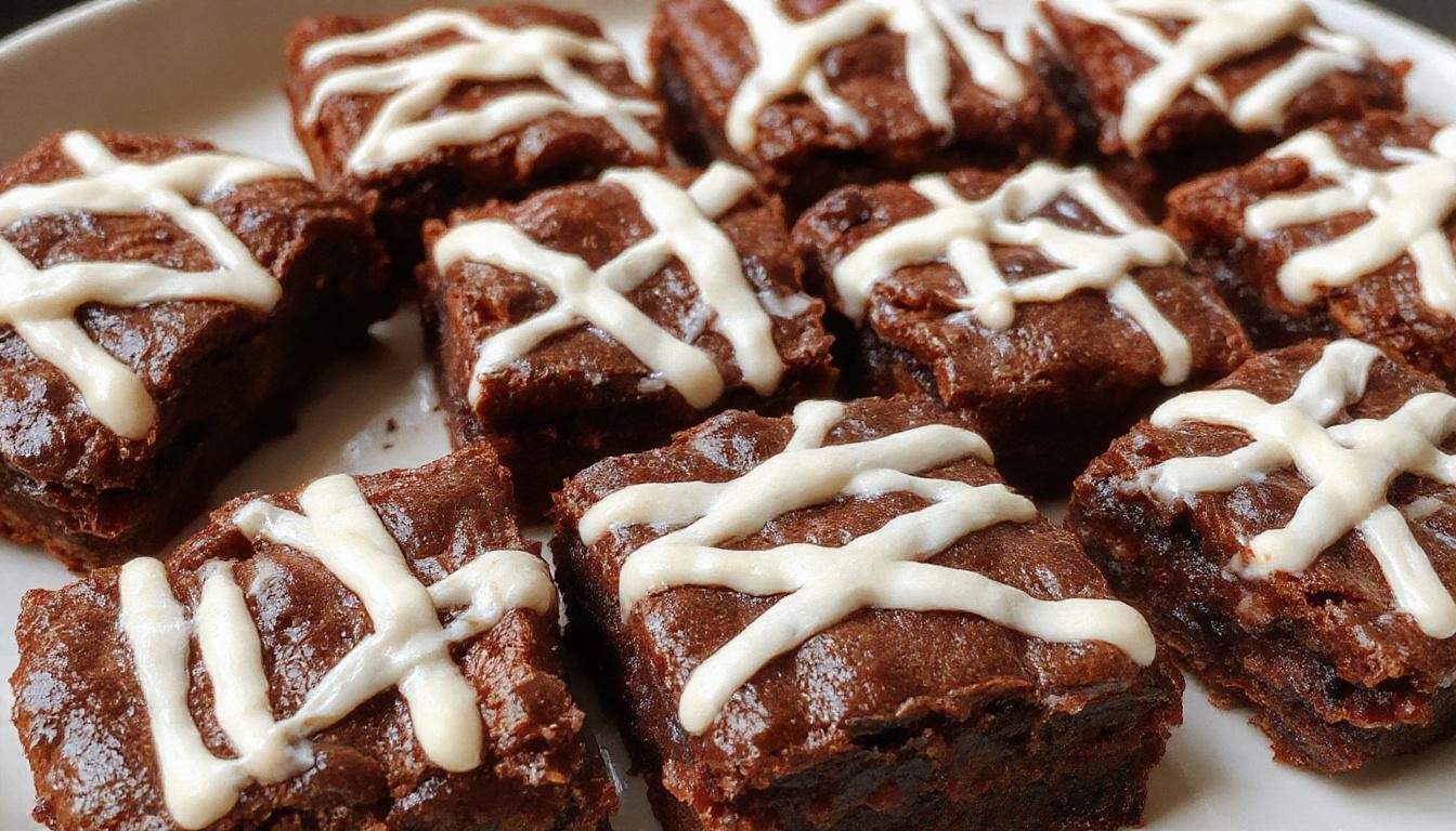 A close-up of spooky mummy brownies arranged on a festive Halloween platter. The brownies are topped with white chocolate 'bandages' and have small candy eyes peeking out, creating a playful, spooky appearance. The rich chocolate color contrasts with the white decorations, and the plate is decorated with Halloween-themed props like mini pumpkins and cobwebs.