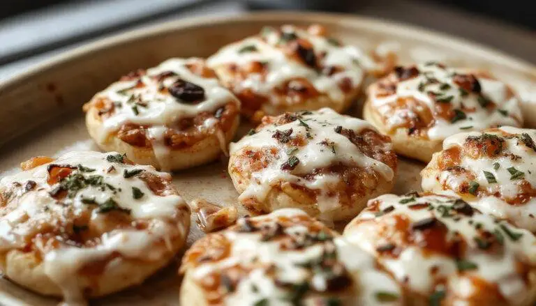 A tray of colorful Halloween mini pizzas topped with pepperoni, green peppers, and black olives, arranged on a spooky themed platter with festive decorations and vibrant lighting highlighting their playful, spooky appearance.