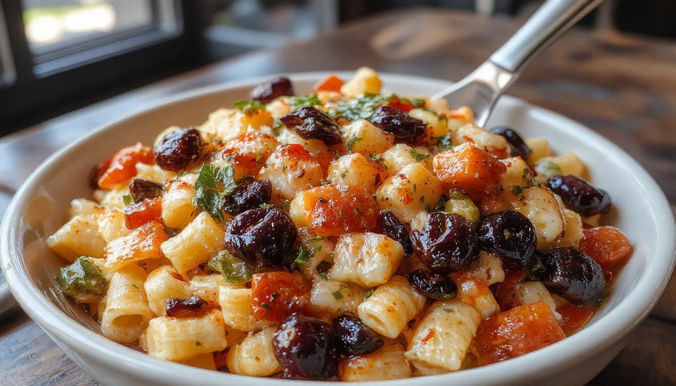 A vibrant Halloween pasta salad featuring brightly colored spiral pasta, orange and black olives, cherry tomatoes, and green herbs arranged in a festive bowl, with spooky-themed decorations around the plate.
