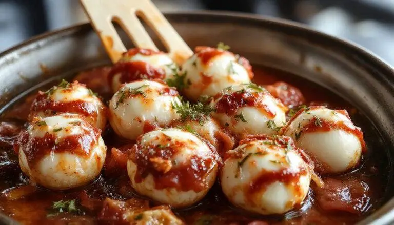 A plate of spooky salami and mozzarella eyeballs featuring round mozzarella balls wrapped in thin slices of salami, with olive pupils in the center, arranged on a dark serving platter with a few green herbs for garnish.