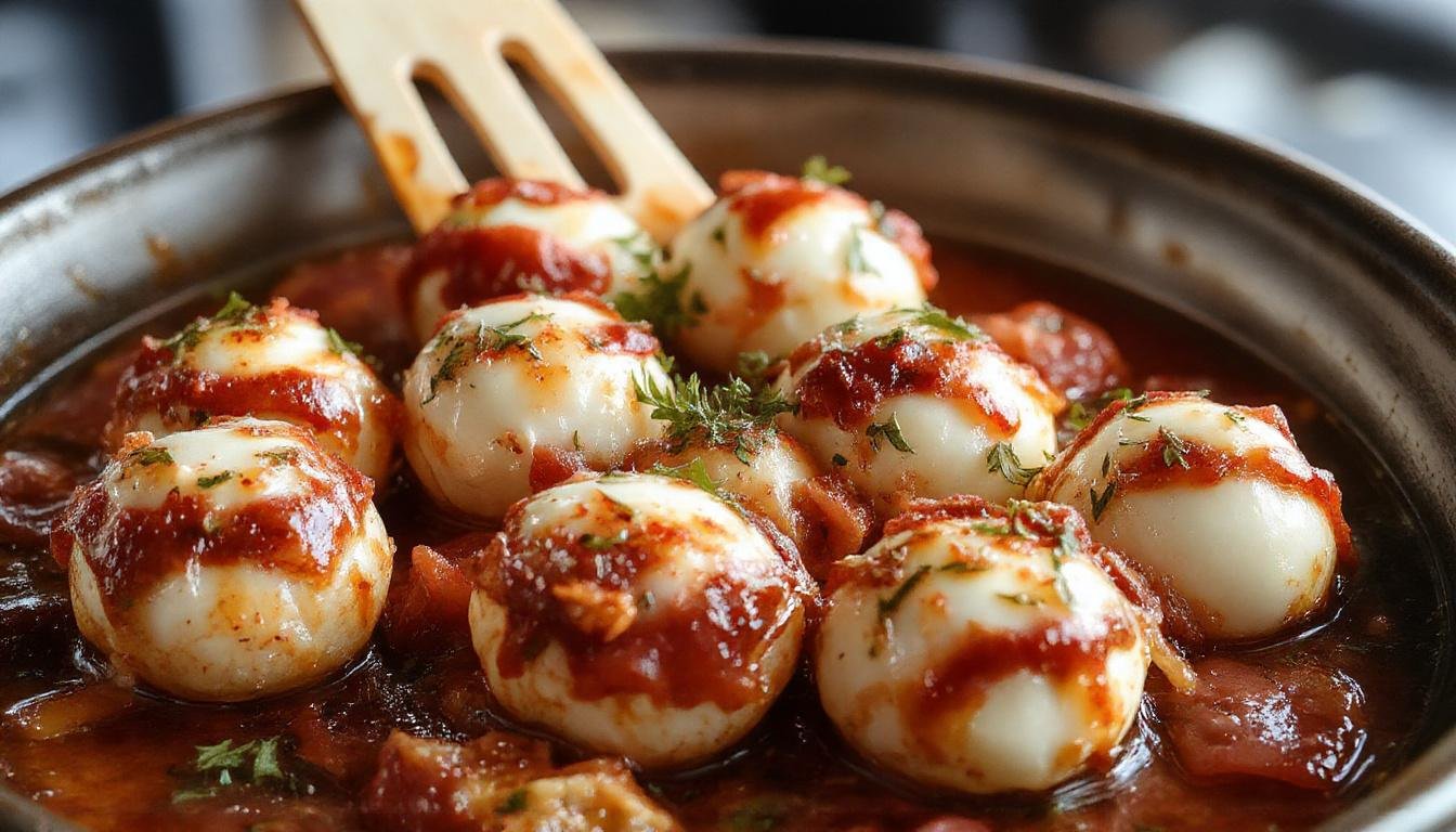 A plate of spooky salami and mozzarella eyeballs featuring round mozzarella balls wrapped in thin slices of salami, with olive pupils in the center, arranged on a dark serving platter with a few green herbs for garnish.