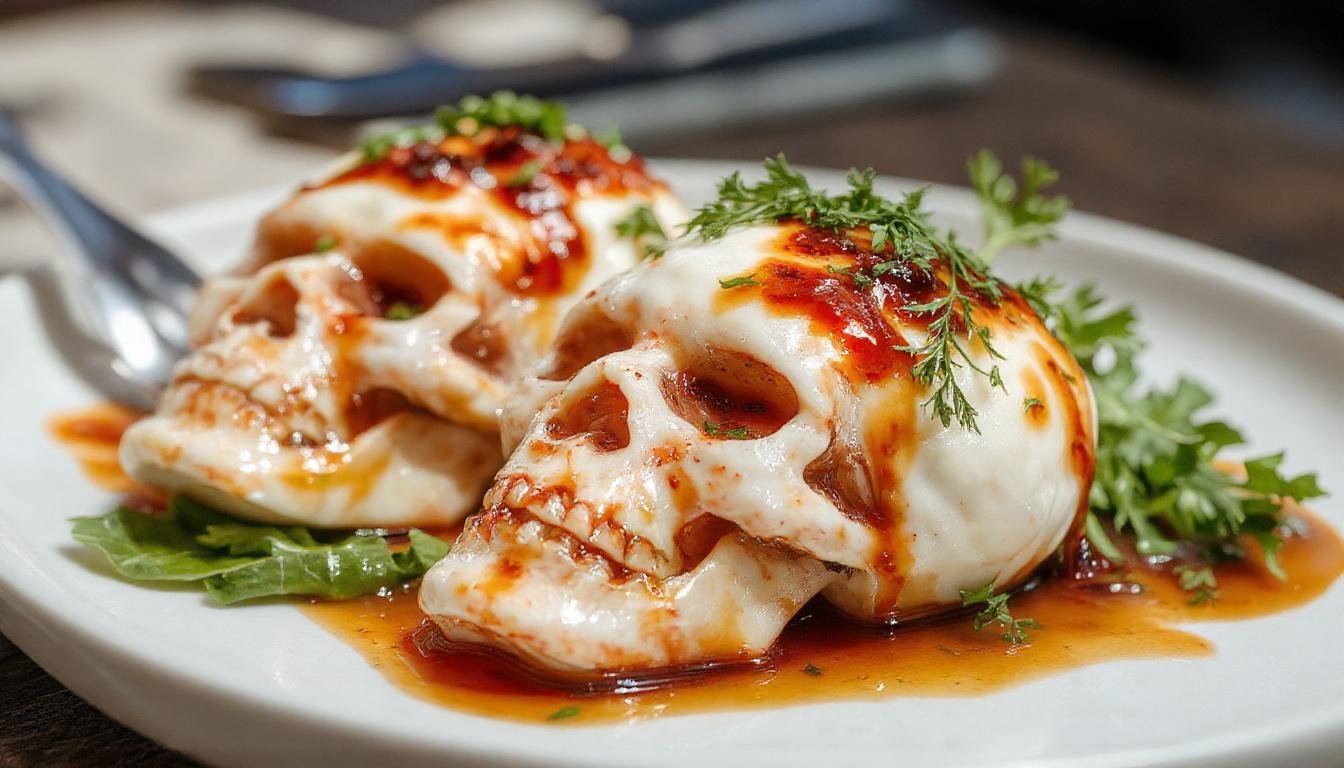 A creatively arranged Caprese salad shaped like a skull, with vibrant red cherry tomatoes, creamy white mozzarella, and fresh basil leaves for eyes and nose, served on a dark slate plate, accented with balsamic glaze drizzles. The presentation emphasizes a spooky yet appetizing look, ideal for Halloween-themed dining.