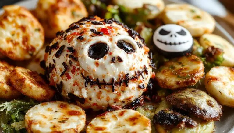 A spooky skellington-shaped cheese ball with dark olive eyes, a carved jack-o'-lantern mouth, and a bony skeleton design crafted from cheese and toppings, presented on a festive Halloween platter with cobweb decorations and orange-themed background.