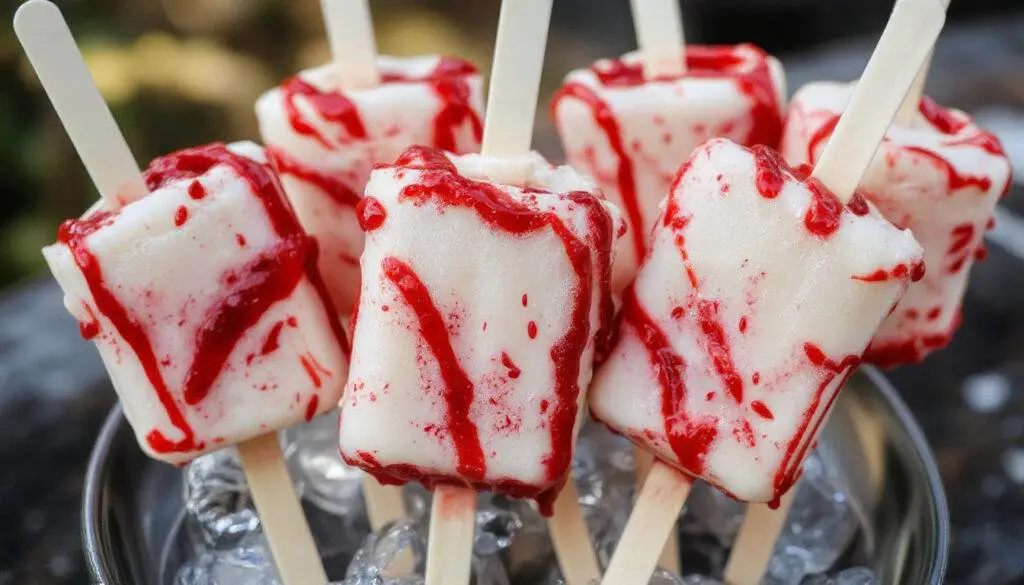 A close-up of three Blood Splatter Cakesicles arranged on a dark plate. The cakesicles are coated in glossy red icing with realistic blood splatter effects and black edible glitter accents, giving a spooky and eerie appearance. They are decorated with small plastic Halloween-themed toppers and are set against a black background, emphasizing their creepy yet sweet presentation.
