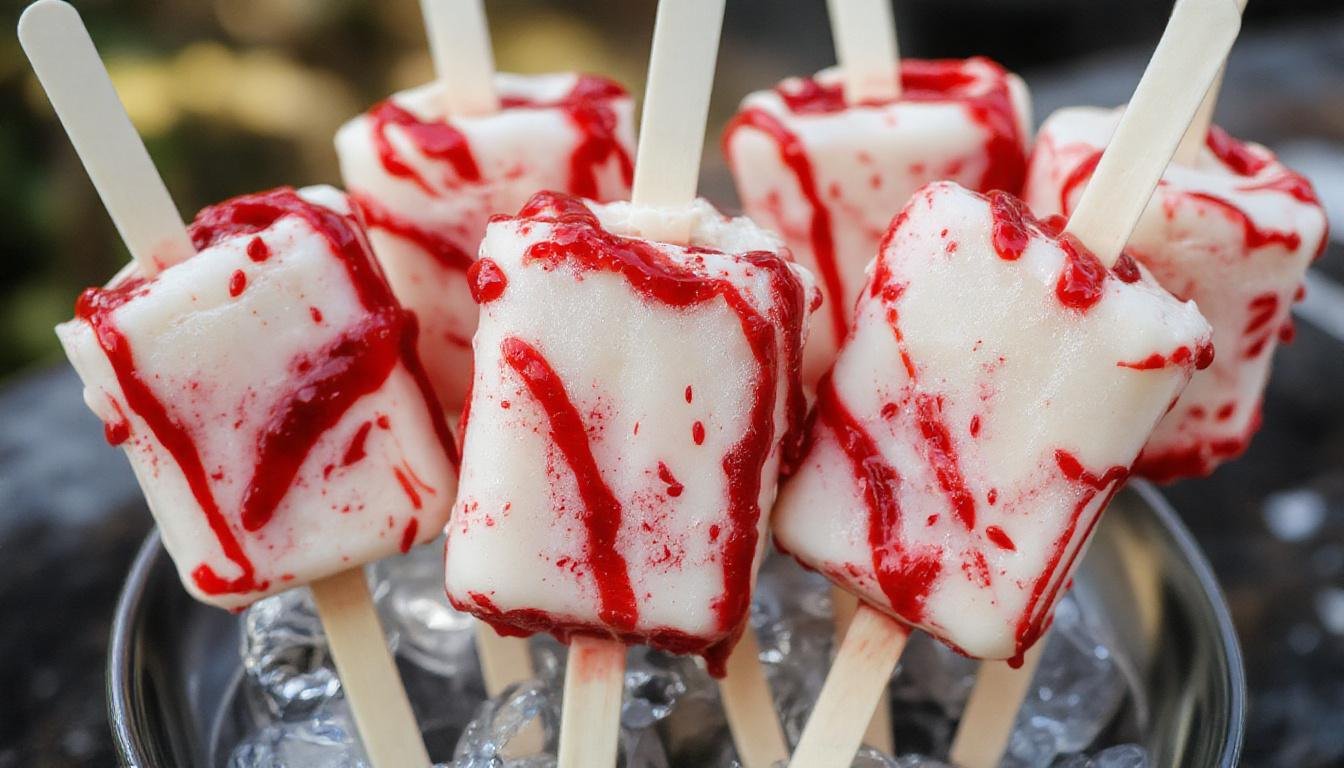A close-up of three Blood Splatter Cakesicles arranged on a dark plate. The cakesicles are coated in glossy red icing with realistic blood splatter effects and black edible glitter accents, giving a spooky and eerie appearance. They are decorated with small plastic Halloween-themed toppers and are set against a black background, emphasizing their creepy yet sweet presentation.