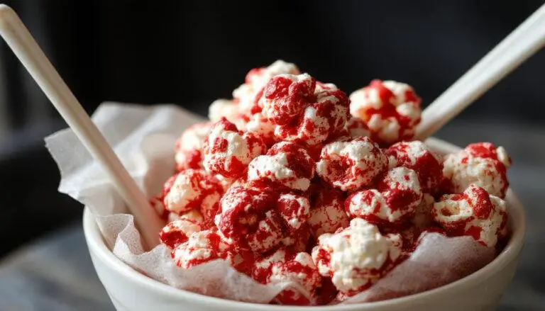 A close-up of vibrant red velvet popcorn with a glossy coating, presented in a spooky-themed bowl with occasional black and orange accents, highlighting the popcorn's rich red color and textured surface, creating a festive Halloween vibe.