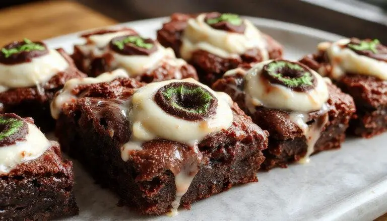 A close-up of spooky eyeball brownies arranged on a dark serving platter. Each brownie is topped with a white glazed icing, featuring a red and black candy eye in the center, creating a creepy yet tempting appearance. The textures showcase a fudgy bottom and smooth icing, with the eyes giving a realistic eyeball effect. The background is dark, enhancing the eerie Halloween theme.